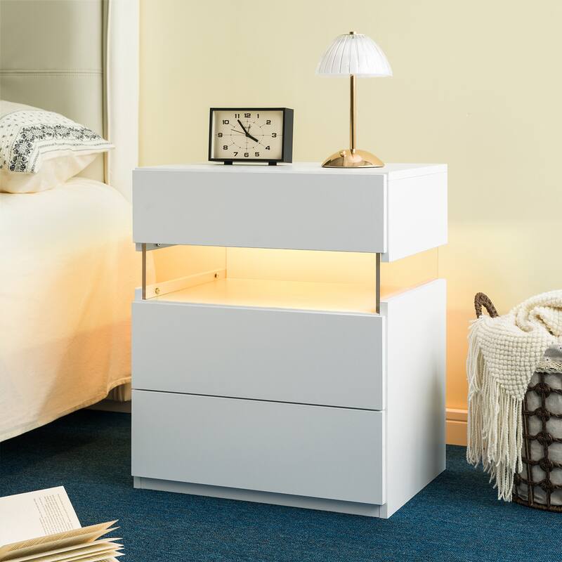 GDF Studio - Avalon Modern LED Nightstand with Acrylic Light Panel and Three Storage Drawers