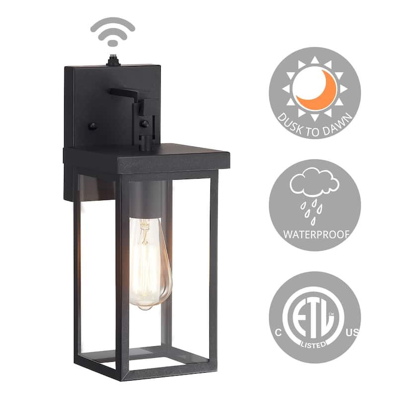 KAWOTI 1-Light Black Dusk to Dawn Outdoor Wall Lantern Sconce with Photocell - W5.7"×E6.25"×H14.25"
