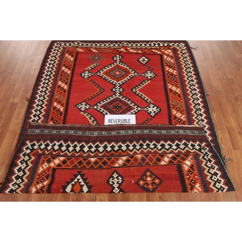 Red Kilim Qashqai Persian Vintage Area Rug Flatweave Wool Carpet - 5'0"x 7'6"