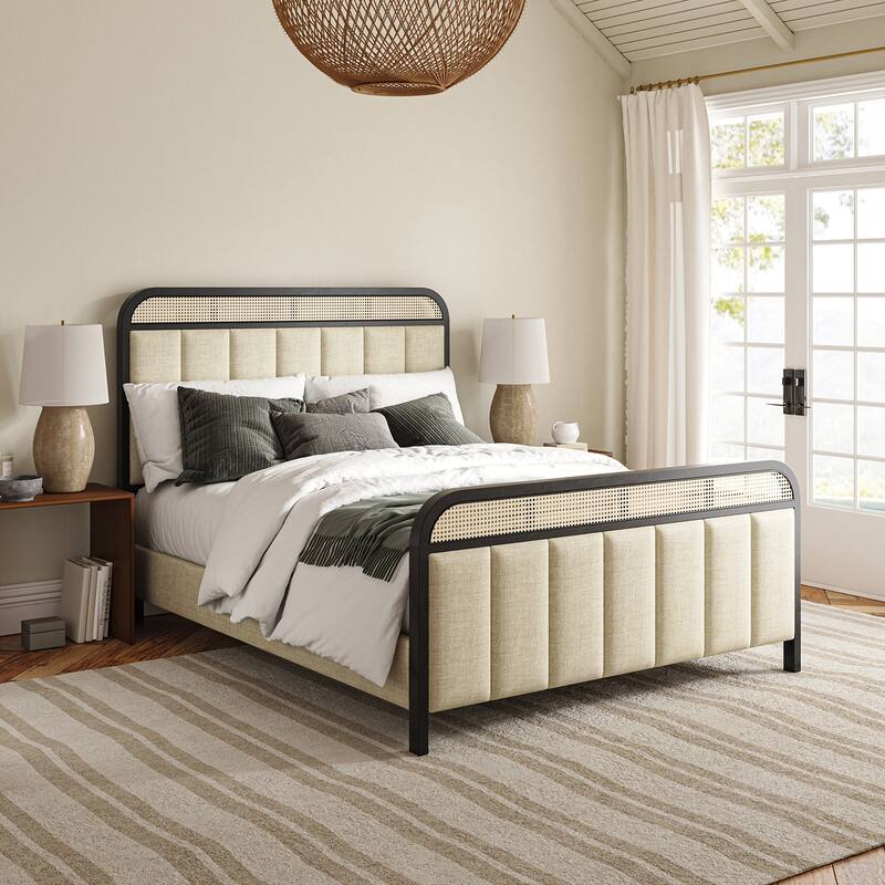 Alphons Modern Solid Wood Frame Ratten Bed with LED Headboard by HULALA HOME