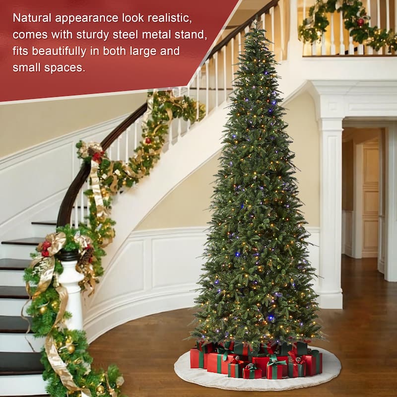 Glitzhome 11ft Pre-Lit Green Slim Fir Artificial Christmas Tree with 850 LEDs & 9 Light-Modes