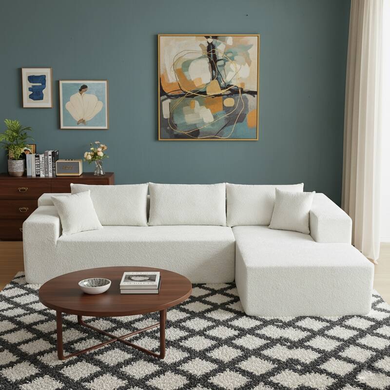 103.54" L-Shaped Modern High-Density Sponge Velvet Modular Sectional Sofa with Chaise & Pillows - Beige-Raindrop Velvet - Right Facing