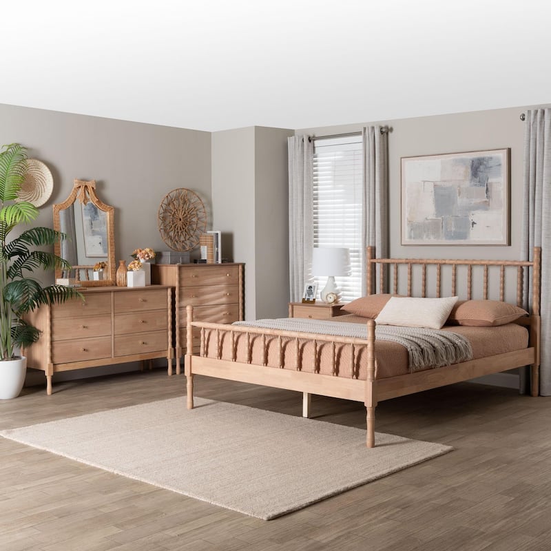 Laurent Bamboo-Style 4-Piece Bedroom Set - Spindle Platform Bed with Matching Dresser, Chest, and Nightstand, Queen