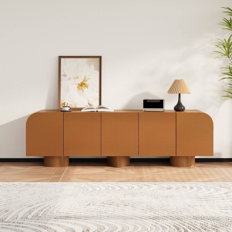 71" Mid Century TV Stands, Solid Wood Veneer, Fully Assembled Media Console, 4 Cabinets