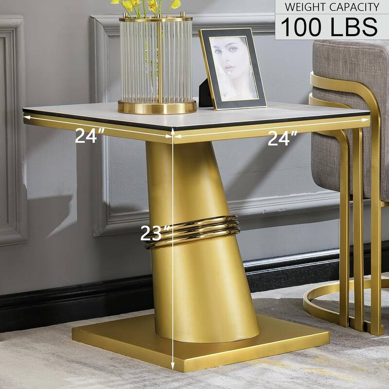 Glam 24 inch Square Glass End Table with Brushed Gold Stainless Steel Base
