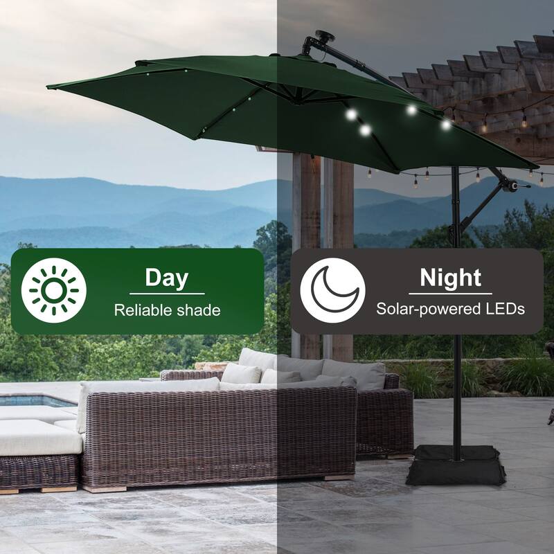 Autlaycil 10ft Offset Hanging Market Patio Umbrella With Base&Solar Lights