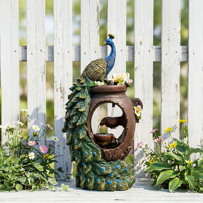 Outdoor Peacock-Themed Tiered Water Fountain with Floral Accents and Lights