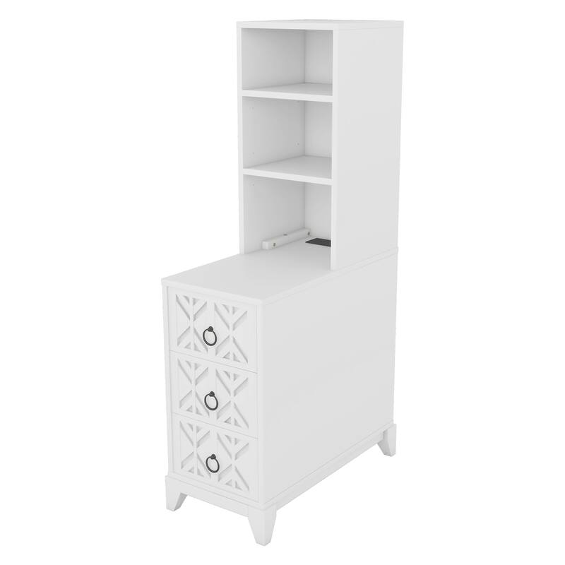 Tall Nightstand with Charging Station, Narrow Sofa Side Table with 3 Drawers & 2 Open Shelves, Solid Wood Entryway Accent Table