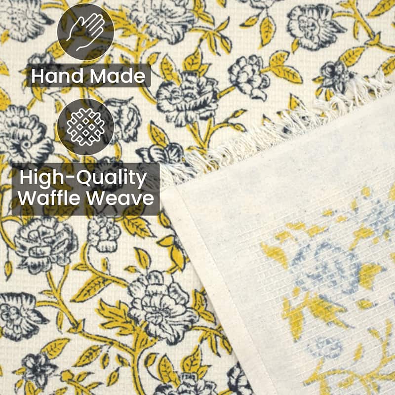 Fabdivine Hand Block Floral Print Waffle Weave Kitchen, Dining Room Use, Gift Hand Towel