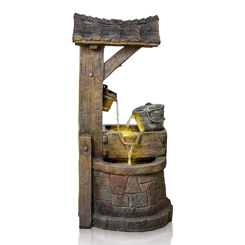 Vbal Hand Crafted Rustic Well Pump and Bucket Water Fountain with LED Lights