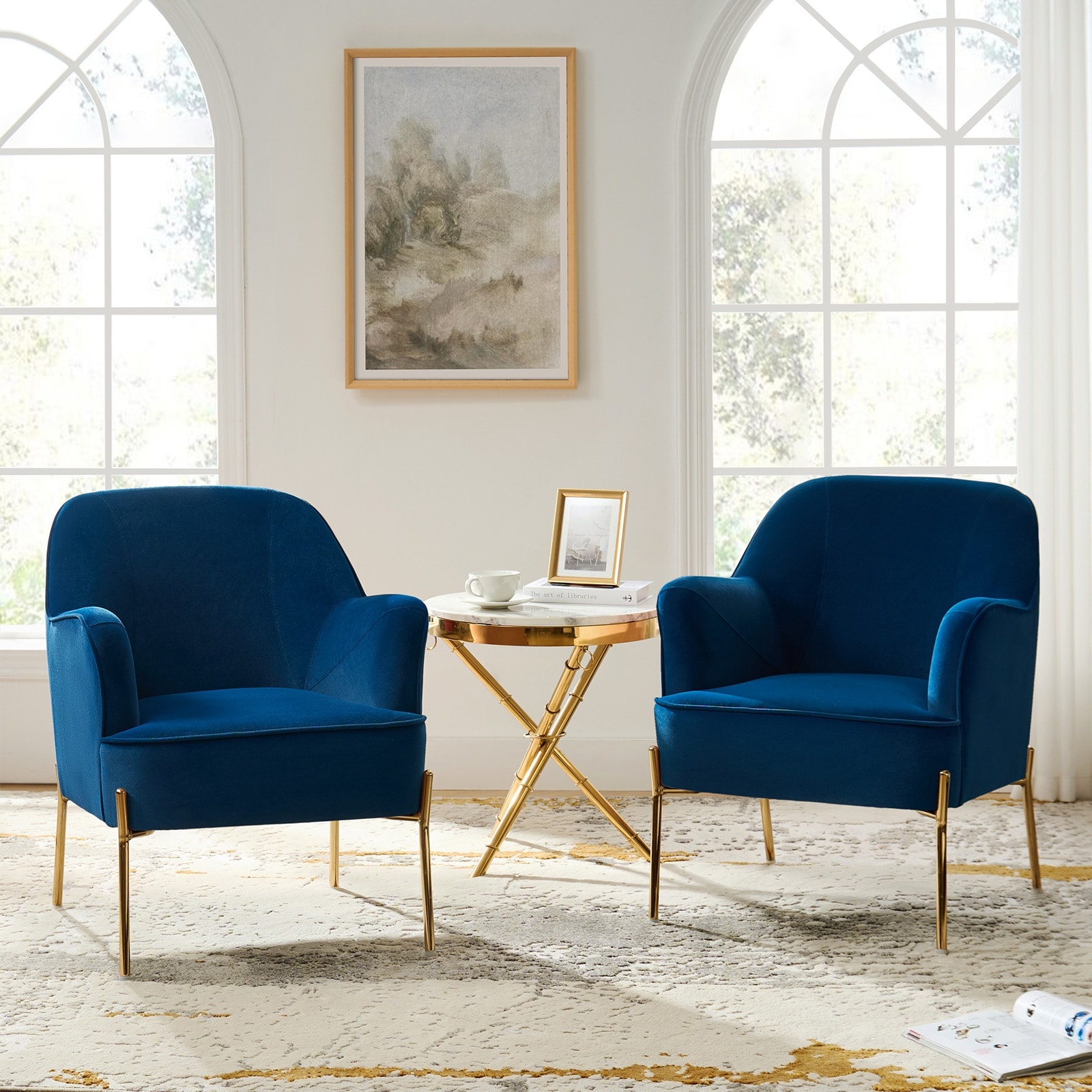 Blue velvet accent hotsell chair with gold legs