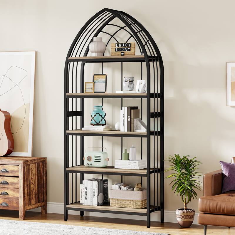 5-Tier Bookshelf Bookcase with Bow Top Design Open Display Storage Shelf for Home Office Living Room - Black Grey