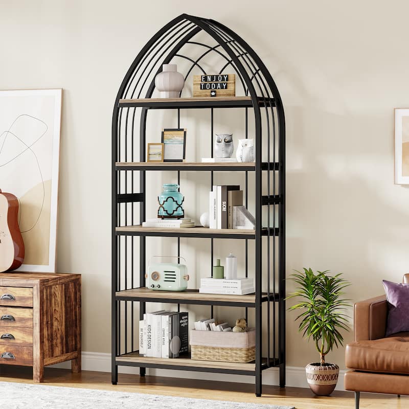5-Tier Tall Bookshelf, 74.8-Inch Bookshelf, Industrial Curved Freestanding Display Shelf - Black Grey