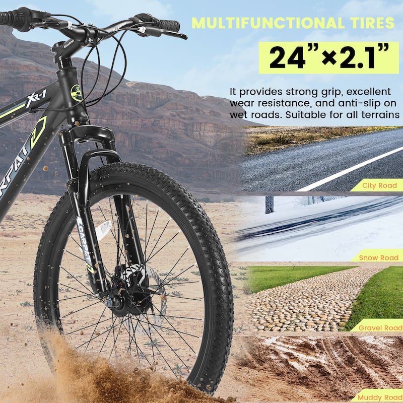 24 Inch Steel Frame, Mountain Cycling Bike Shimano 21 Speed Road Commuting Bicycle with Daul Disc Brakes and Front Suspension