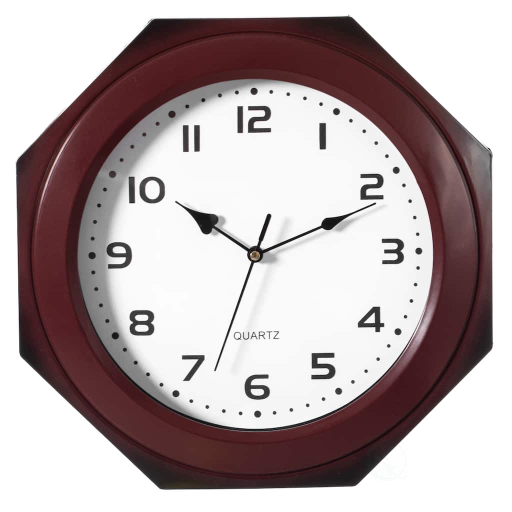 Octagon Shaped 11.6-inch Wall Clock - Decorative Wood-Look Plastic Clock for Living Room, Kitchen, or Dining Room