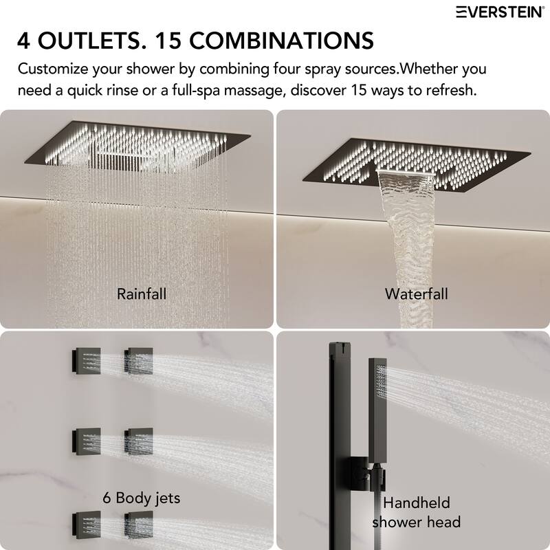 Digital Thermostatic Shower Set with Remote-Control LED Lights, Rainfall/Waterfall Combo and Massaging Jets