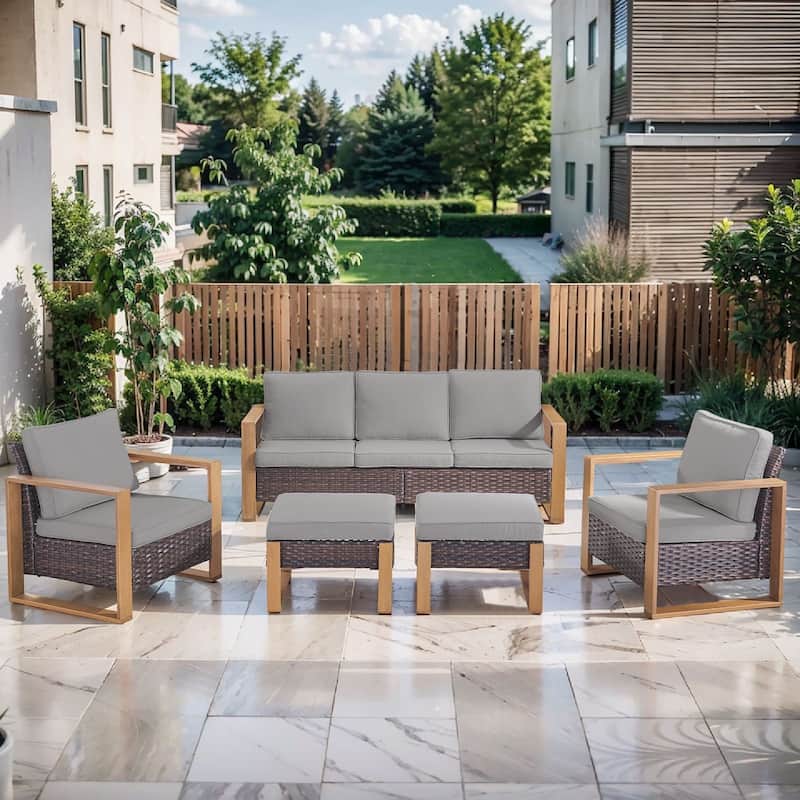 Pocassy 5 Pieces Outoor Patio Sofa Club Chair Ottoman Set - Gray cushion - Brown Wicker