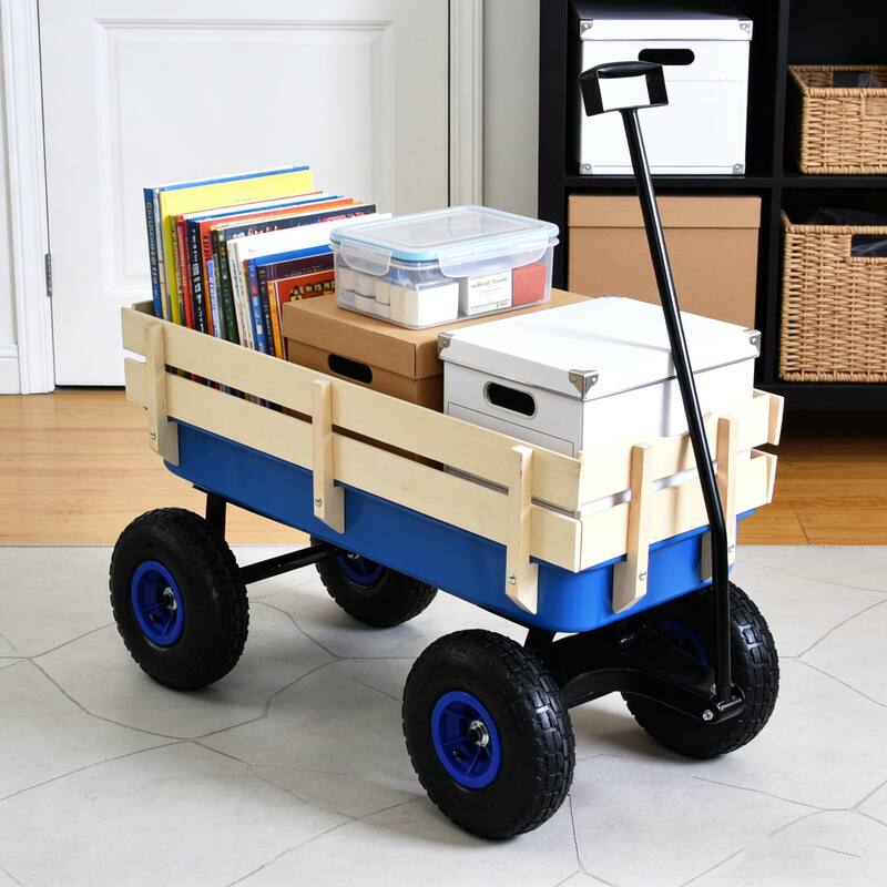 Anmytek Garden Cart Utility Wagon with Inflatable Tires Outdoor Hauler Blue Wooden