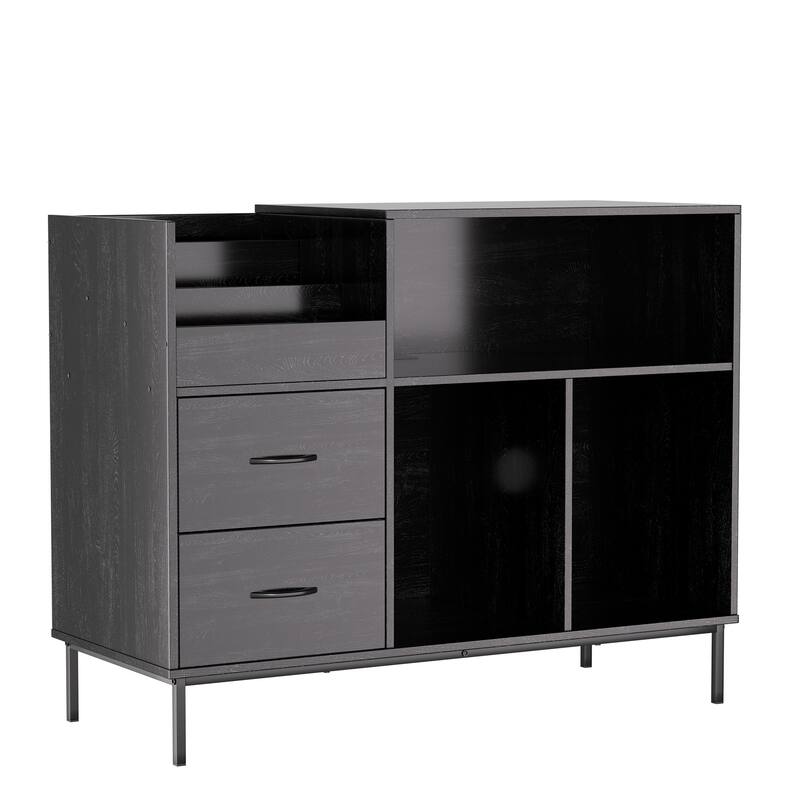 Record Player Stand with Power Outlet & Flip-Down Lid,Turntable Table with Storage,Media Console with 2 Drawers