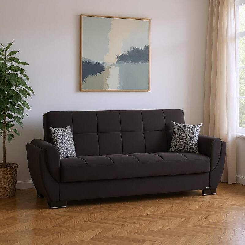 HomeRoots 93" Black Microfiber Convertible Futon Sleeper Sofa And Toss Pillows With Storage - Black