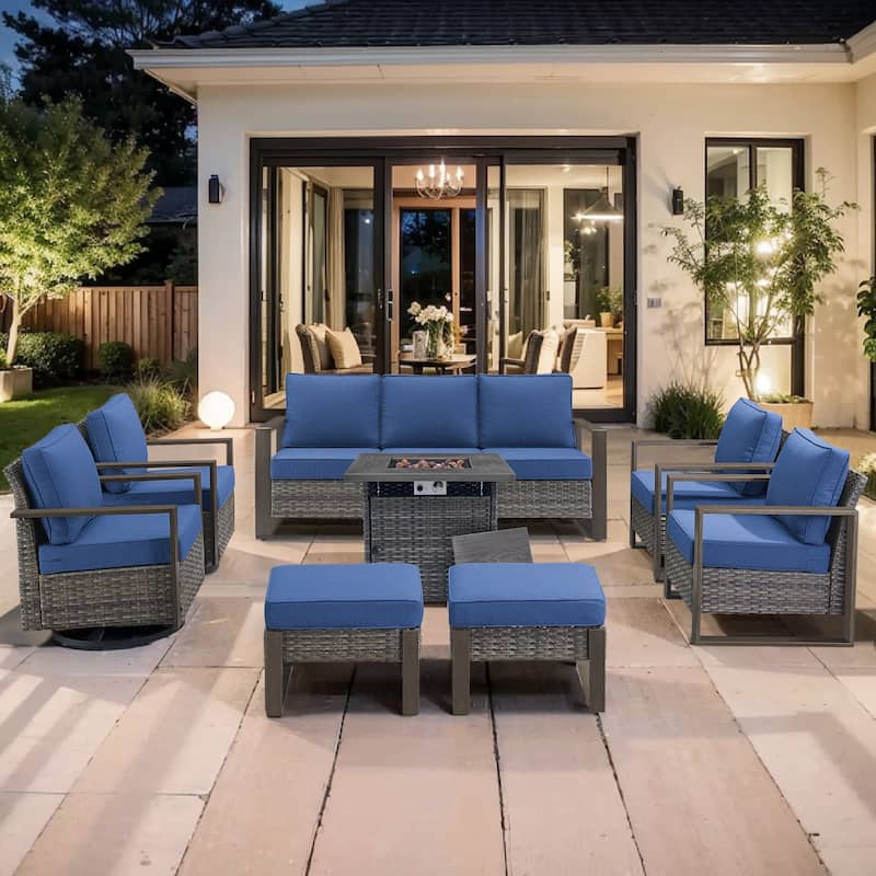 Pocassy Outdoor Fire Pit Conversation Set 3-Seat Sofa Chairs Patio Furniture Set - Grey Wicker Blue Cushion - 8-Piece Sofa Chair with Fire Table