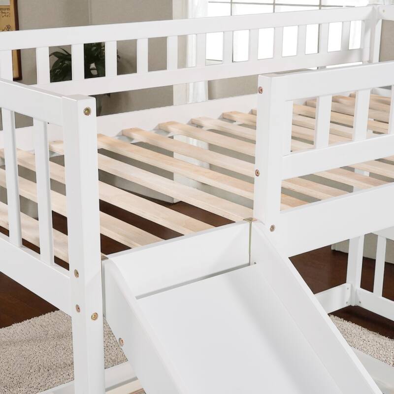 Stairway Twin over Twin Bunk Bed with Slide and 2 Drawers, Reversible Ladder and Guardrails