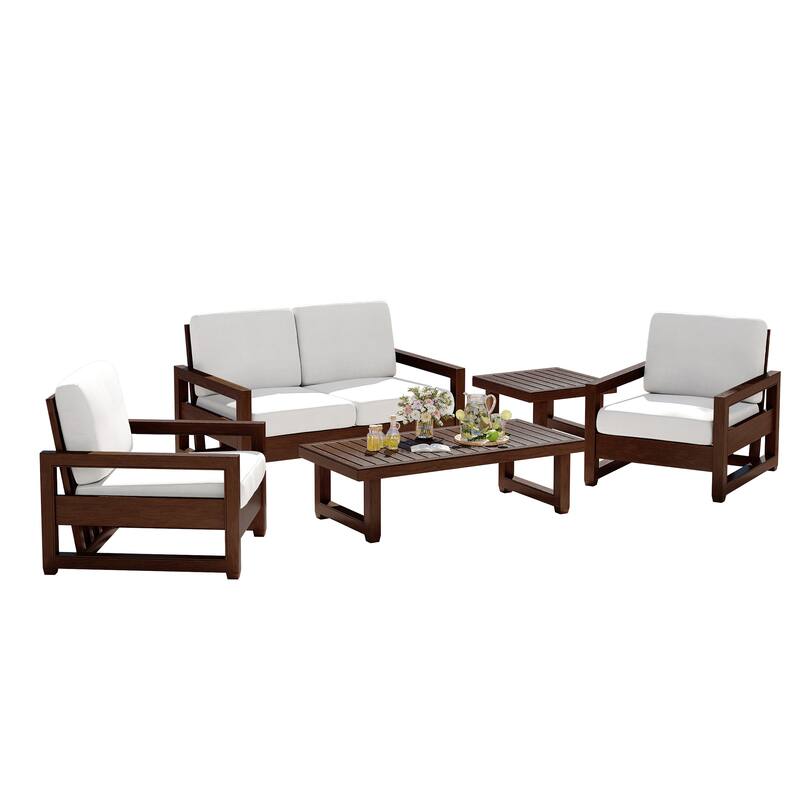 5-Piece Patio Wood Conversation Set with Loveseat, Chairs and Tables
