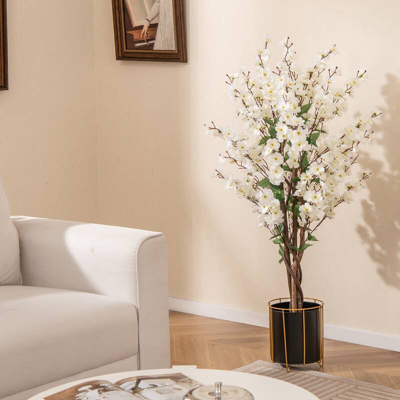 Gymax 2PCS 47'' Artificial Winter Sweet Tree Faux Plum Blossom Plant