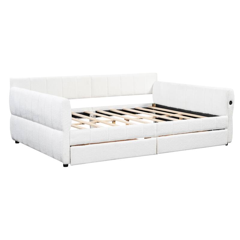Queen Size Platform Storage Bed Frame Upholstered Daybed with USB and 2 Drawers, Low Profile Sofa Bed with Storage Underneath