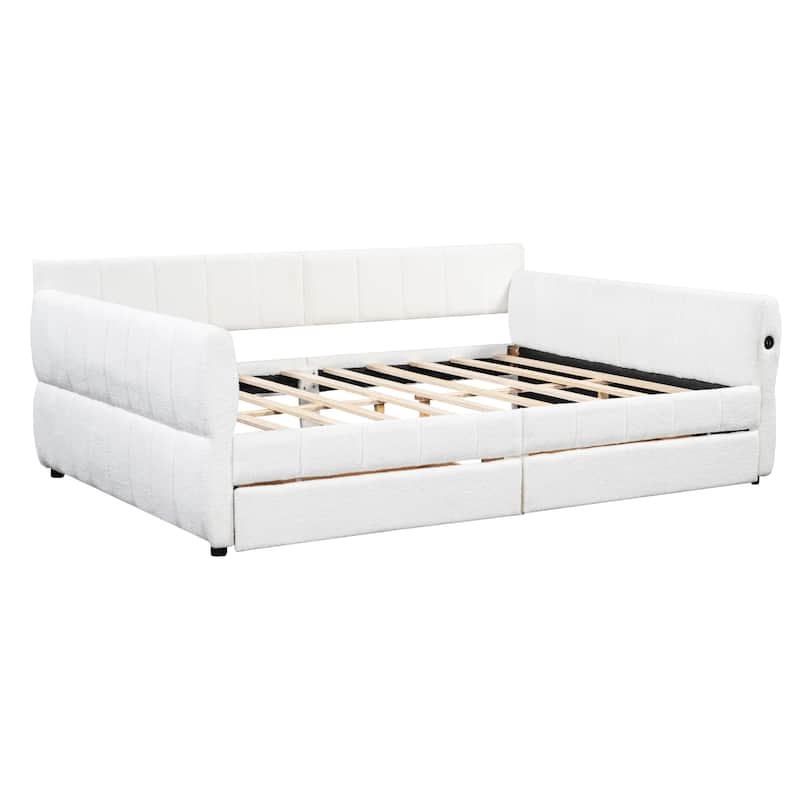 Queen Size Upholstered Platform Bed with USB Port and 2 Drawers, Wood Daybed Frame with Backrest Design, No Box Spring Needed
