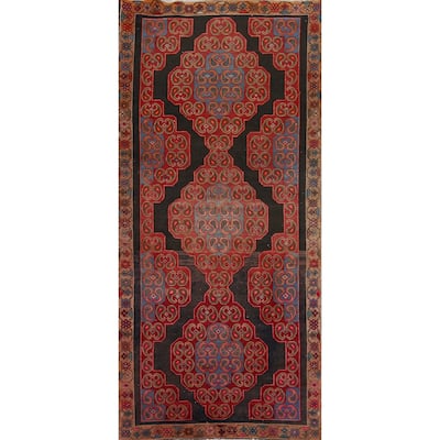 Black & Red Hamedan Persian Vintage Runner Rug Handmade Wool Carpet - 3'9" x 9'4"