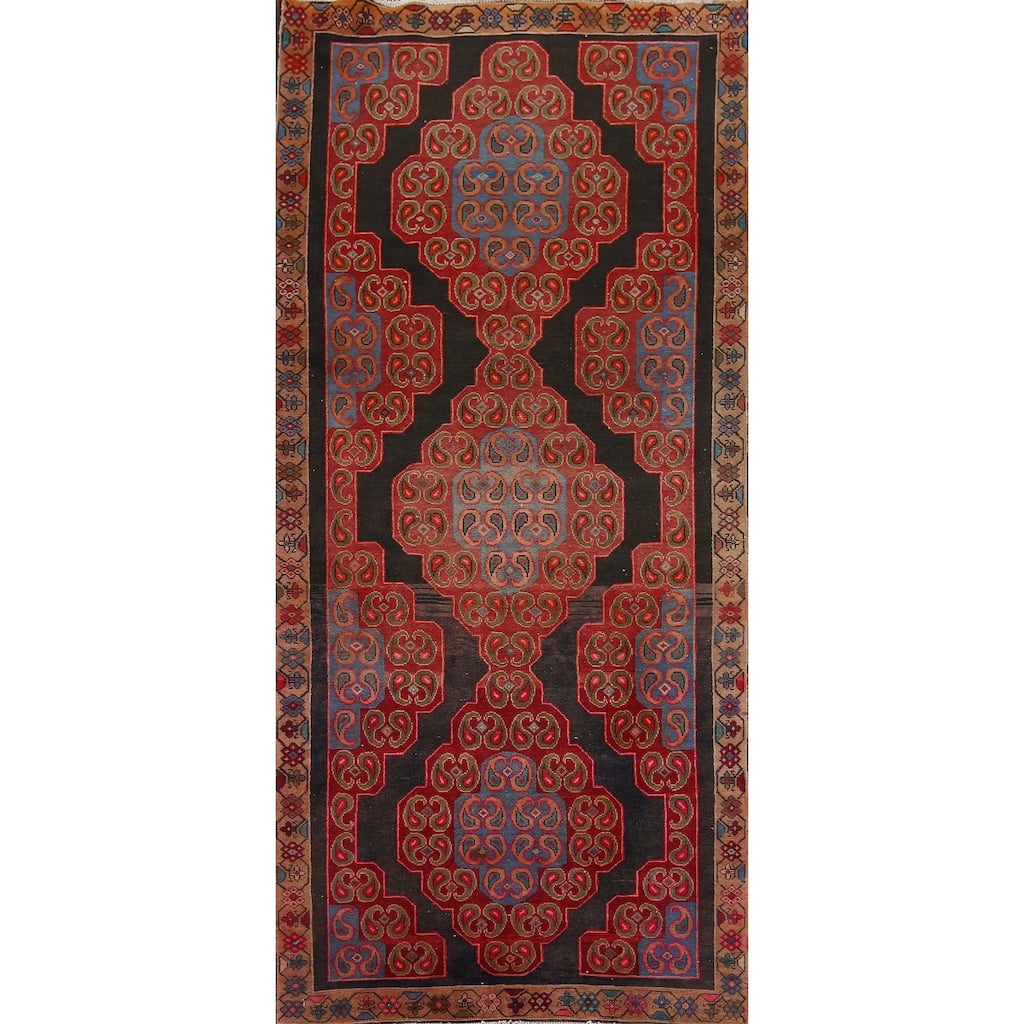 Black & Red Hamedan Persian Vintage Runner Rug Handmade Wool Carpet - 3'9" x 9'4"