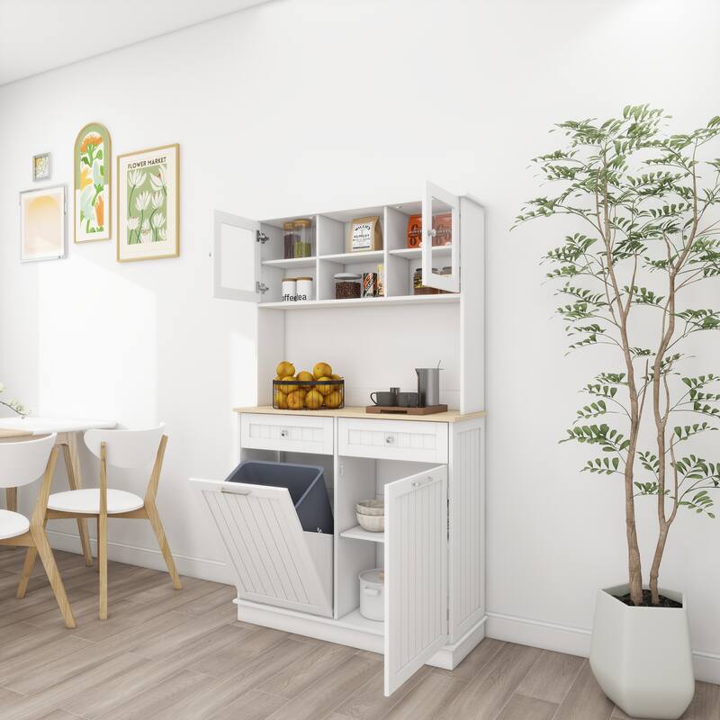 Anmytek 67.7" Tall White Kitchen Storage Cabinet with Tilt Out Trash, 2 Drawers & Adjustable Shelves