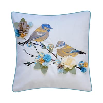 Edie At Home Indoor/Outdoor Embroidered Birds on Floral Branch Decorative Throw Pillow 18x18, Capri Multi