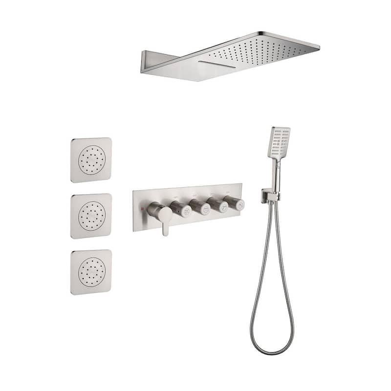 Topcraft wall-mounted rainfall shower system with 3 body jets and hand shower - Brushed Nickel