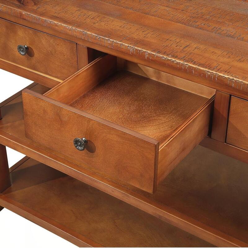 48'' Solid Pine Wood Top Console Table, Modern Entryway Sofa Side Table with 3 Storage Drawers and 2 Shelves