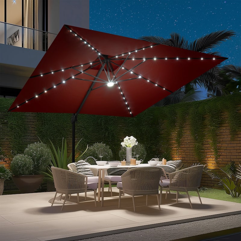 11 FT Outdoor Solar Powered LED Patio Cantilever Umbrella Double Top Square Umbrella