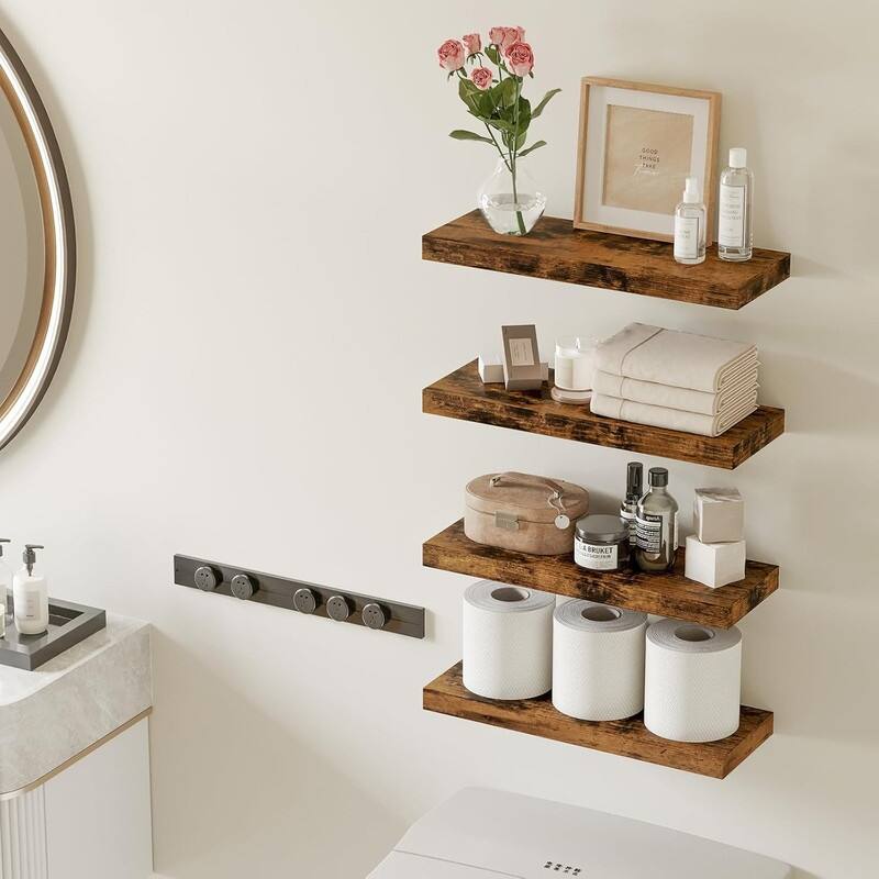 Floating Shelves, Rustic Wood Finish Wall Shelves Set of 4 - 15.8"D x 5.5"W x 1.2"H