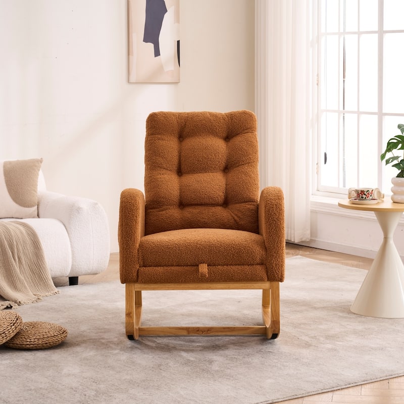 Upholstered Rocking Chair with Footrest & Thick Cushioned, Accent Chair Lounge Chair with Side Storage Pocket - Caramel