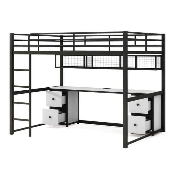 slide 2 of 10, Metal Full Size Loft Bed with Desk and Storage Shelf, Full Loft Bed Frame with Drawers, Charging Station, USB and Socket Black+White - Full