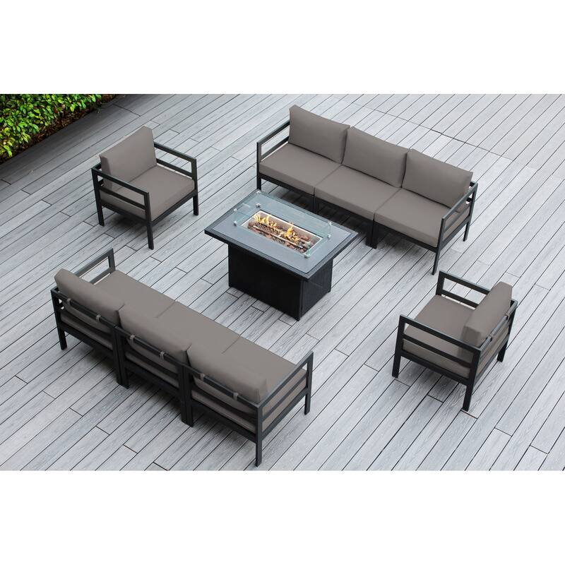 Ohana Outdoor 9-pc. Cushioned Aluminum Sectional with 42" Fire Table - Sunbrella Taupe