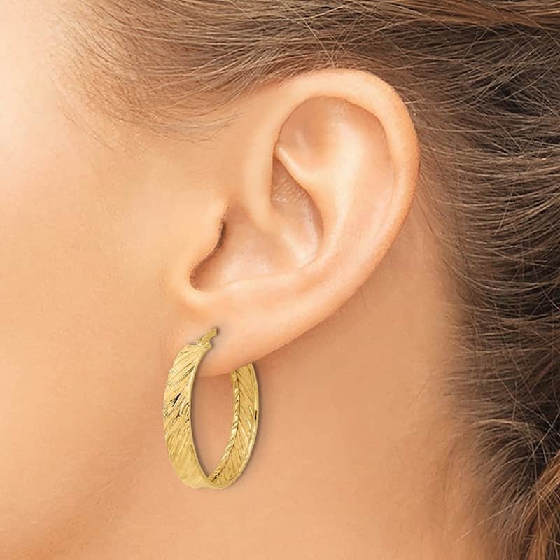 Curata 14k Yellow Gold Polished and Textured Round Hoop Earrings - 27x27mm
