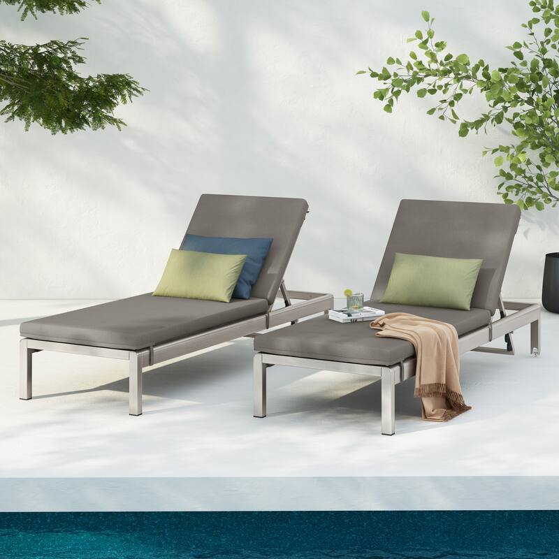 Cape Coral Outdoor Chaise Lounge with Cushion (Set of 2) by Christopher Knight Home - Khaki Cushion + Gray