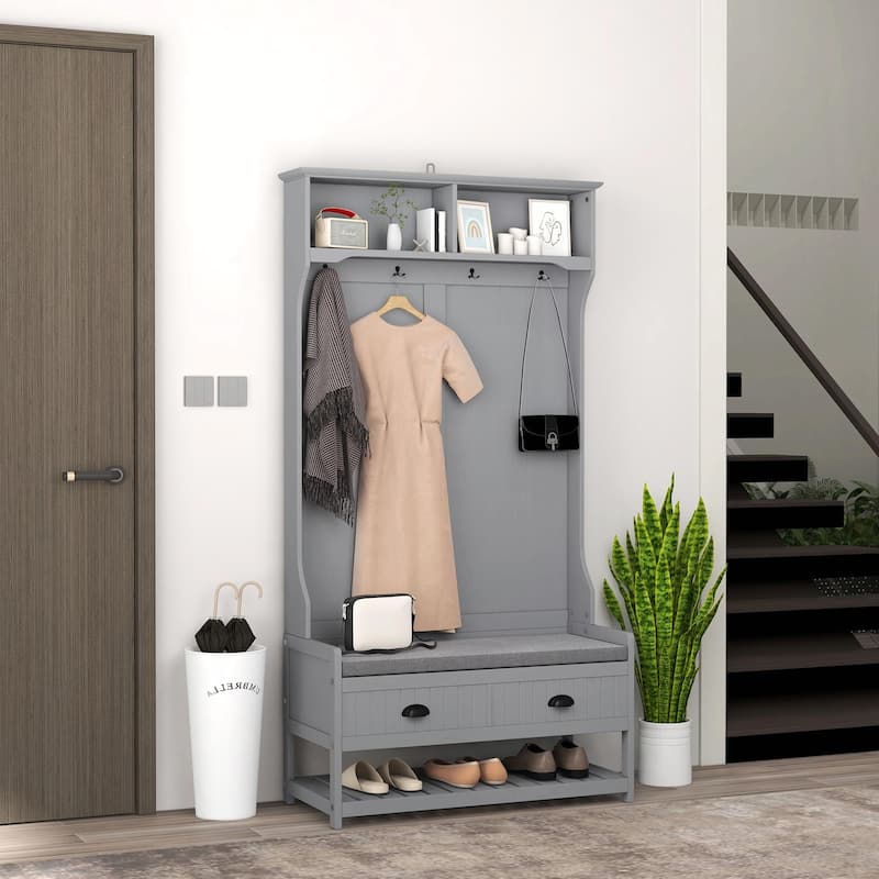 Entryway Bench with Coat Rack & Shoe Storage
