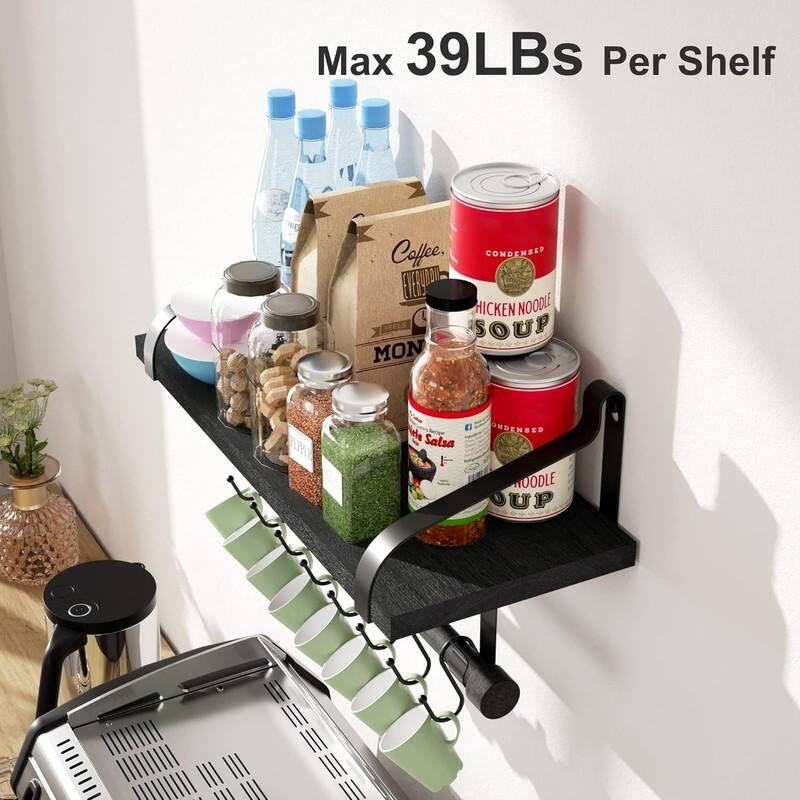 Floating Shelves for Coffee Bar,Bathroom Shelves with 8 Hooks - 7.3"D x 17.3"W x 8.27"H