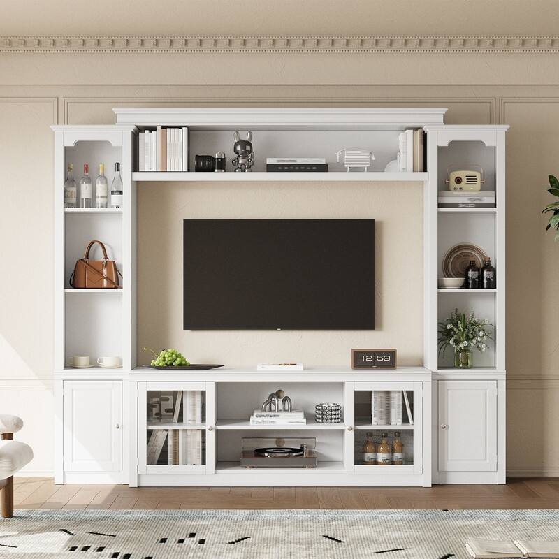Modern Entertainment Center Wall Unit for TVs up to 65",70.87" TV Console Unit with Bookshelves & Tempered Glass Doors - White