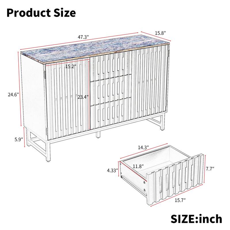 47.3" Horizontal Dresser with 3 Drawer and 2 Doors, Slatted Grille Striped Design and Hollow Caving