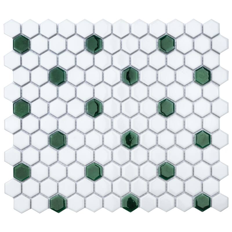 Merola Tile Metro Ion 1" Hex Emerald Dot w/Glossy White 10-1/4" x 11-7/8" Porcelain Mosaic Floor and Wall Tile