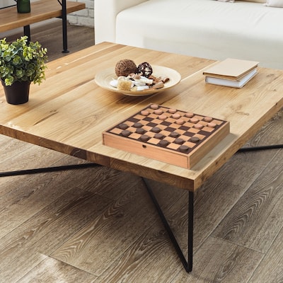 American Art Decor Wood Chess & Checkers Board Game Set with Drawer Tabletop Decor - 2.5" H x 16" L x 16" D