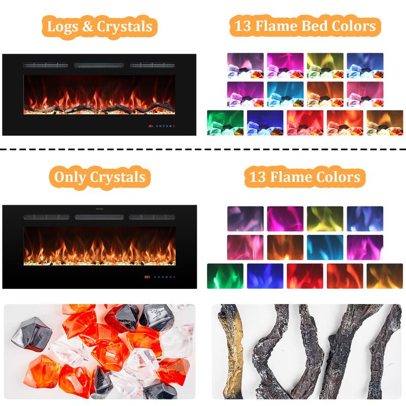 Electric Fireplace Inserts, Wall Mounted with 13 Flame Colors, Thermostat in Black